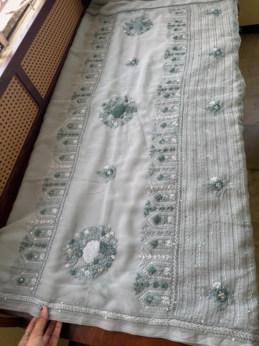 Georgette hand embroidery saree with heavy blouse - Grey