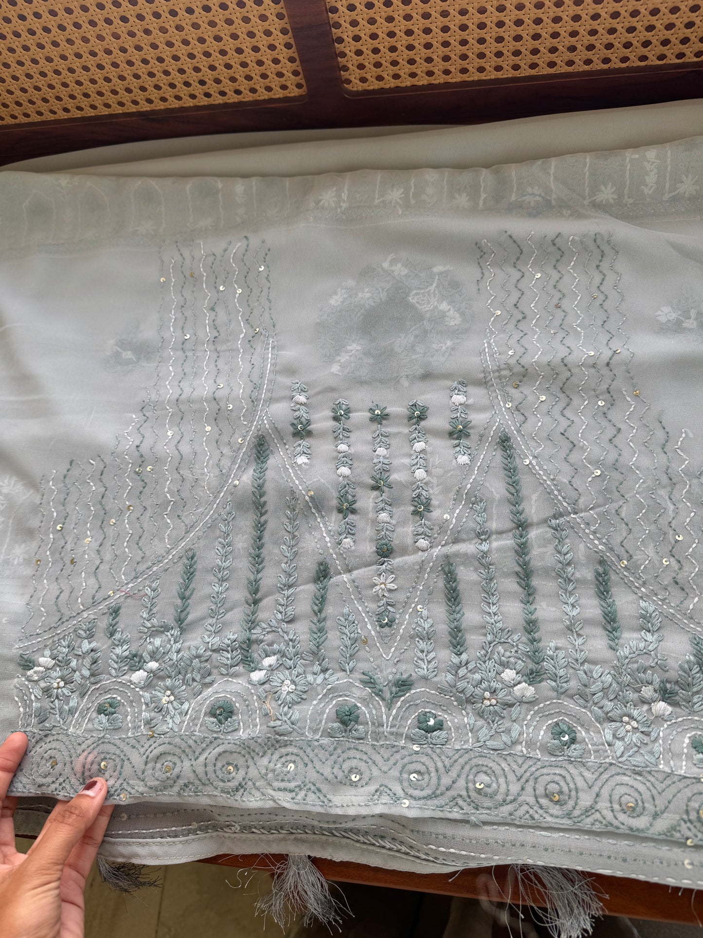 Georgette hand embroidery saree with heavy blouse - Grey