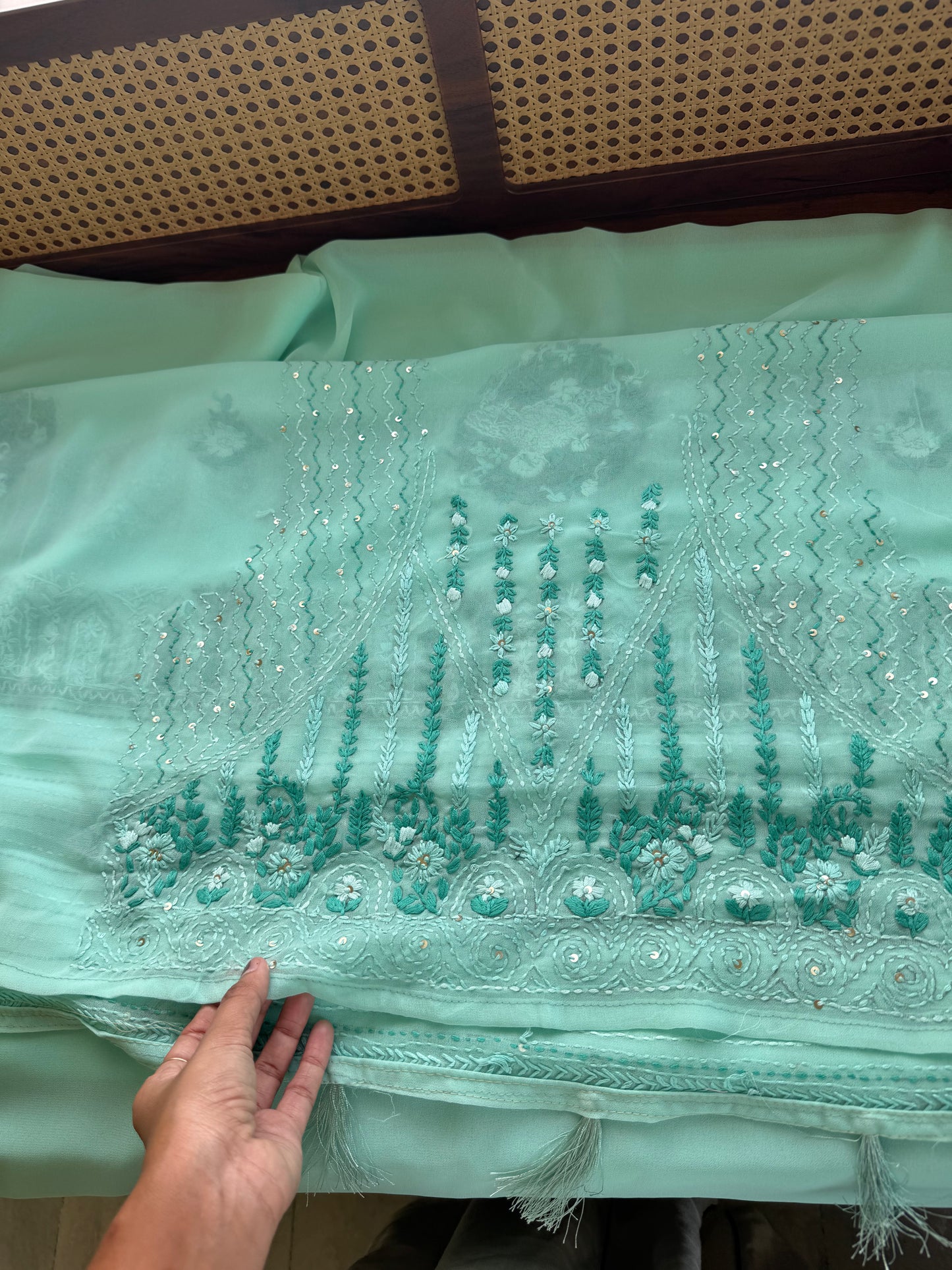 Georgette hand embroidery saree with heavy blouse - Blue