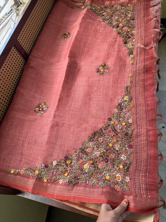 Premium Tissue Linen Sarees with heavy blouse - Peach