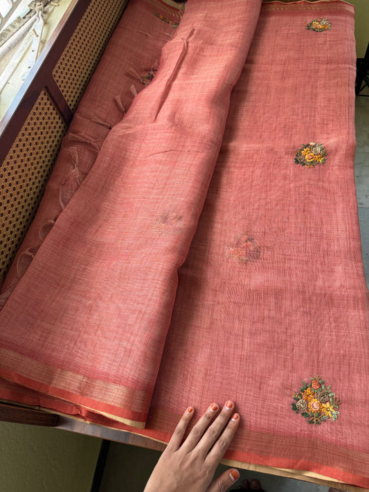 Premium Tissue Linen Sarees with heavy blouse - Peach