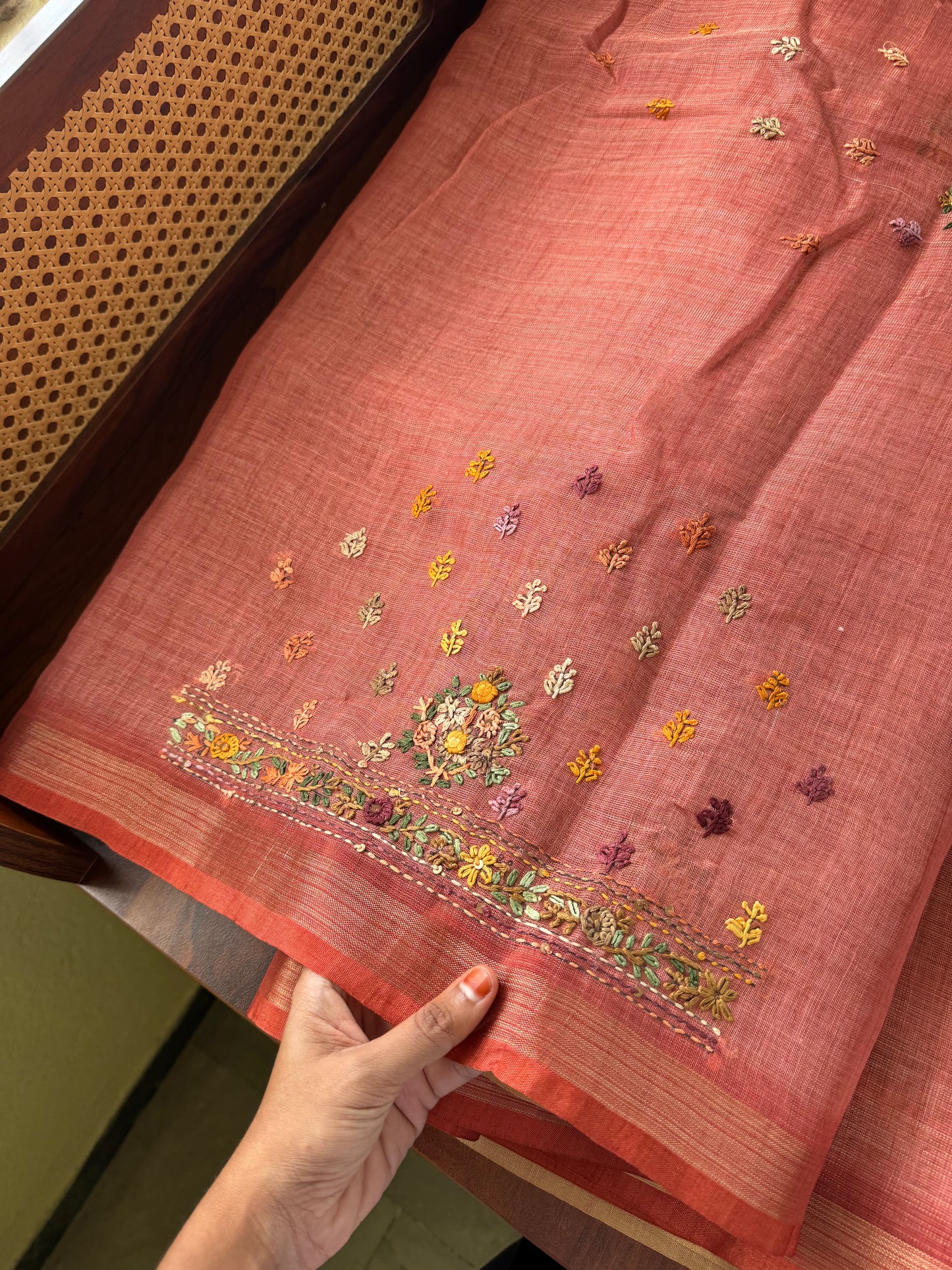Premium Tissue Linen Sarees with heavy blouse - Peach