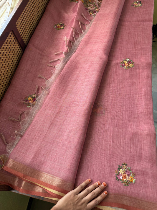 Premium Tissue Linen Sarees with heavy blouse - Pink