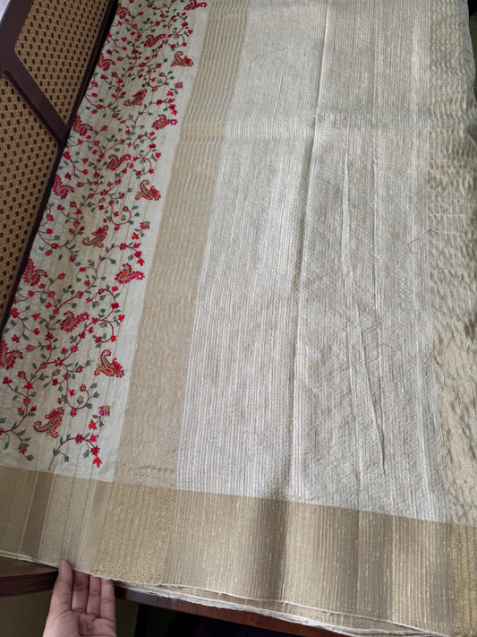 Elegant Semi tussar saree - Ivory with Red
