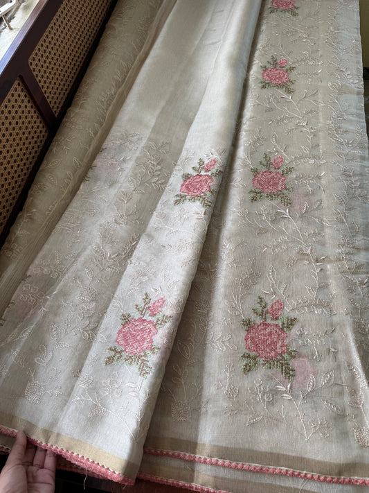 Mul Chanderi Tissue Saree with appliqué - Half white & Peach