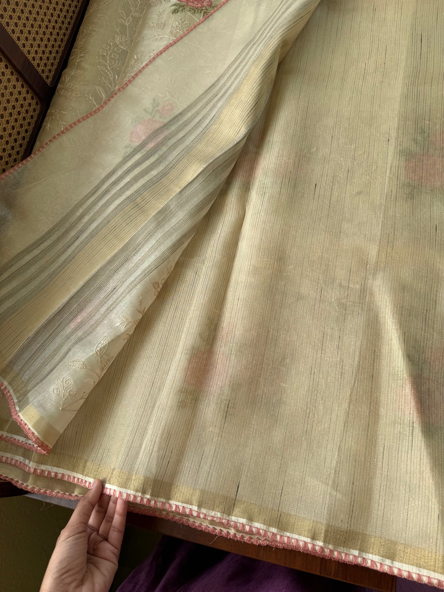 Mul Chanderi Tissue Saree with appliqué - Half white & Peach