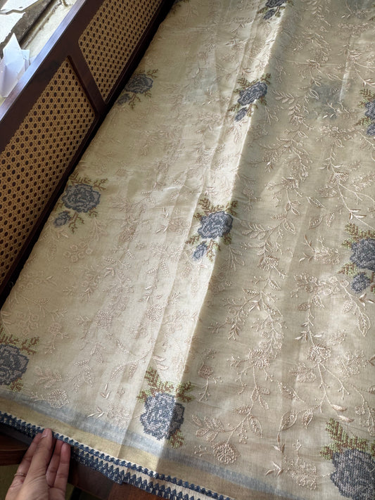 Mul Chanderi Tissue Saree with appliqué - Half white & Navy Blue