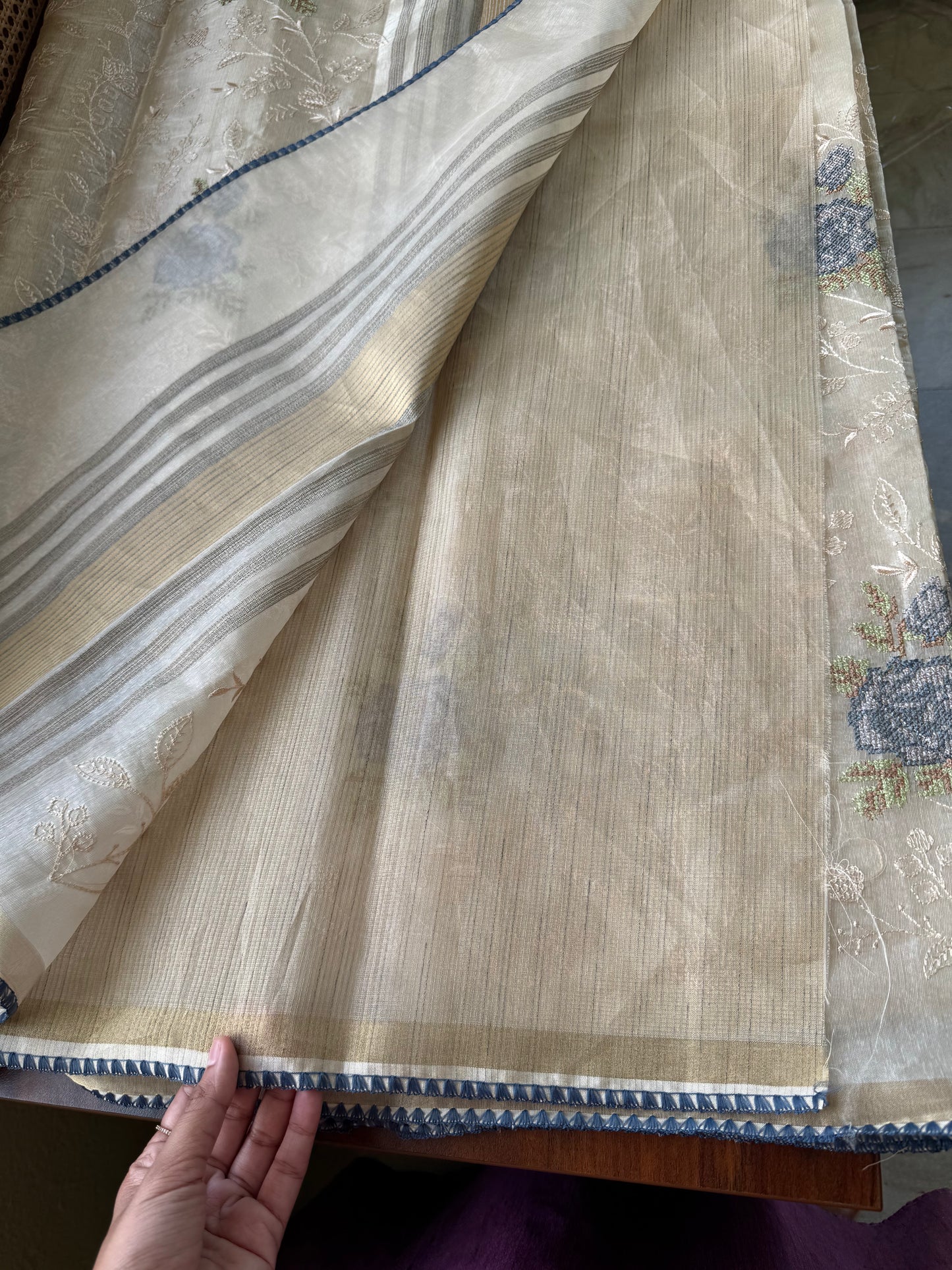 Mul Chanderi Tissue Saree with appliqué - Half white & Navy Blue