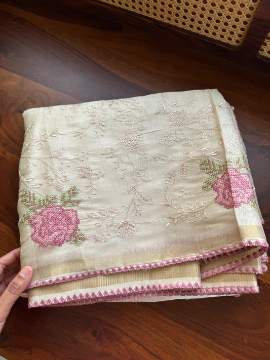Mul Chanderi Tissue Saree with appliqué - Pink