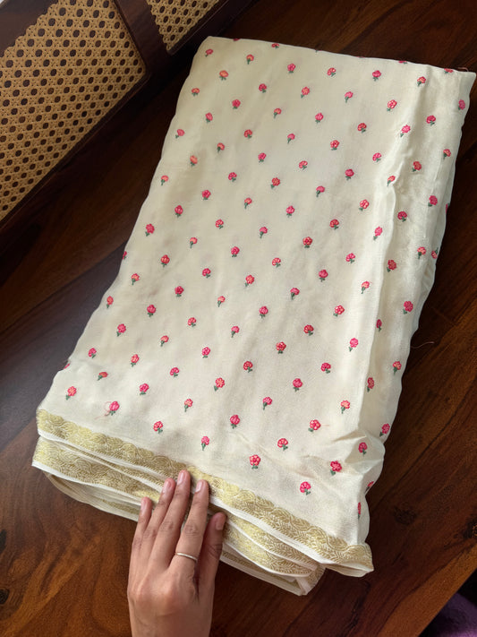 Soft Chinoon Saree - Half whites & Pink Floral