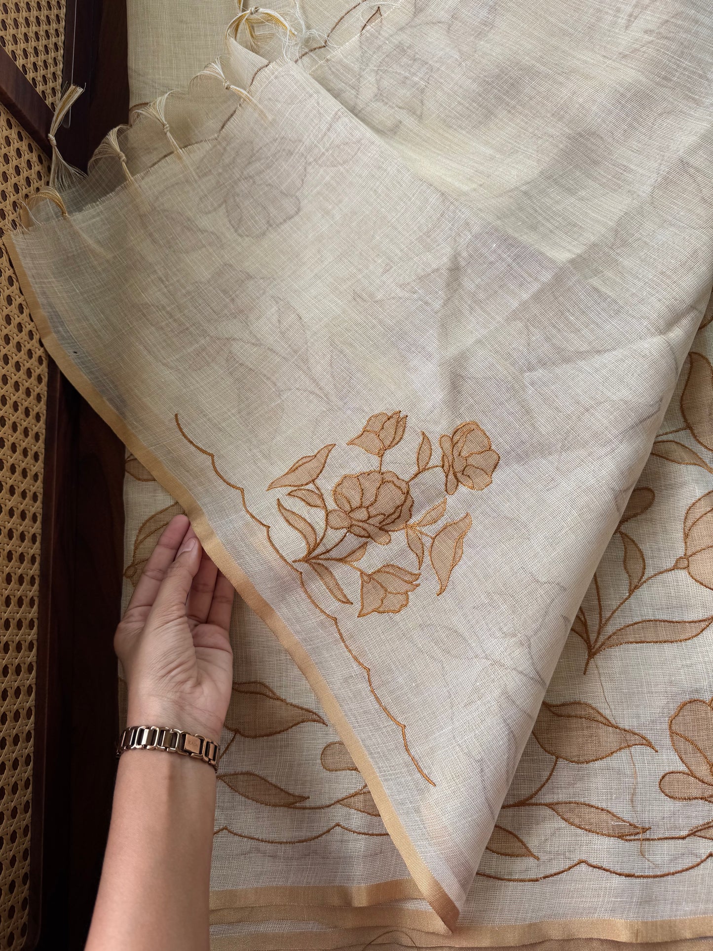 Premium Tissue Linen Sarees with appliqué work -Half White & Mustard Yellow