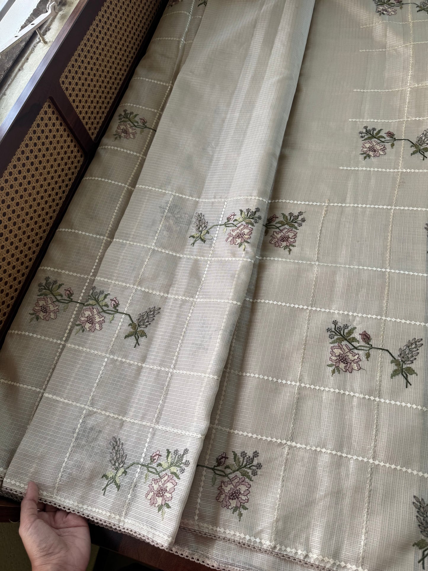 Soft Kota Saree - Halfwhite & Sage Brown