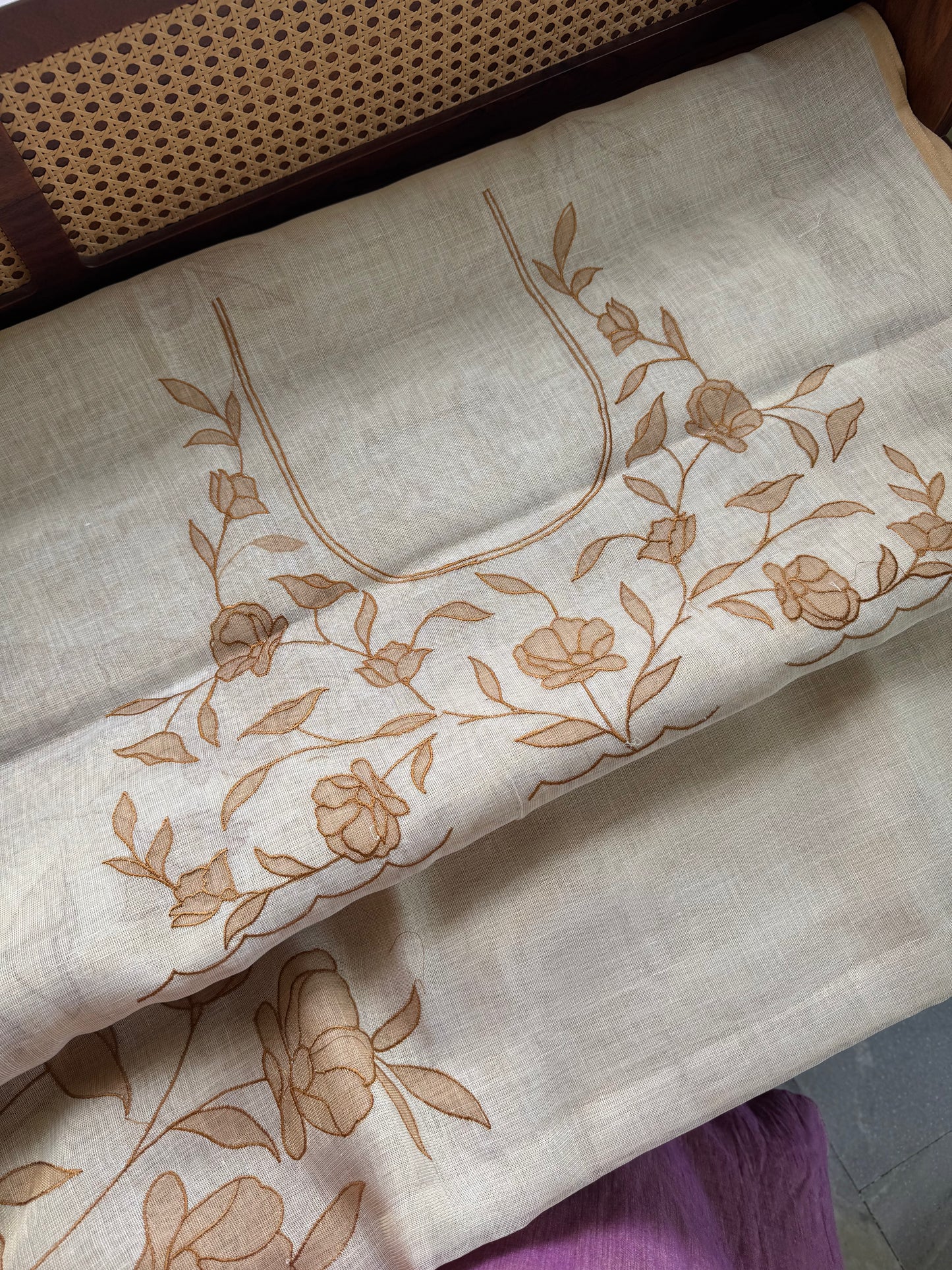 Premium Tissue Linen Sarees with appliqué work -Half White & Mustard Yellow