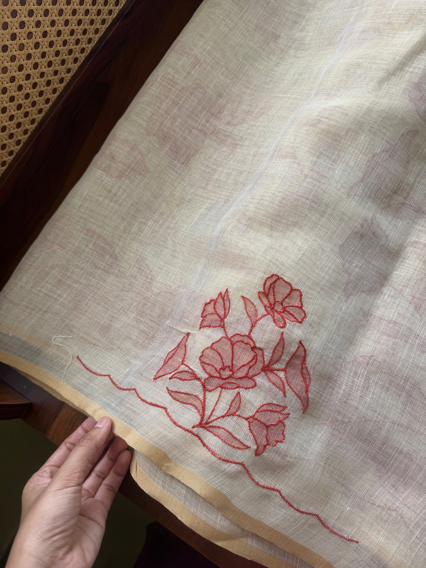 Premium Tissue Linen Sarees with appliqué work -Half White & Orange