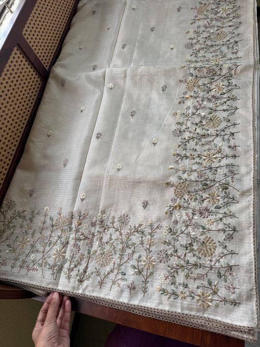 Soft Kota Saree - Halfwhite & Sage Brown