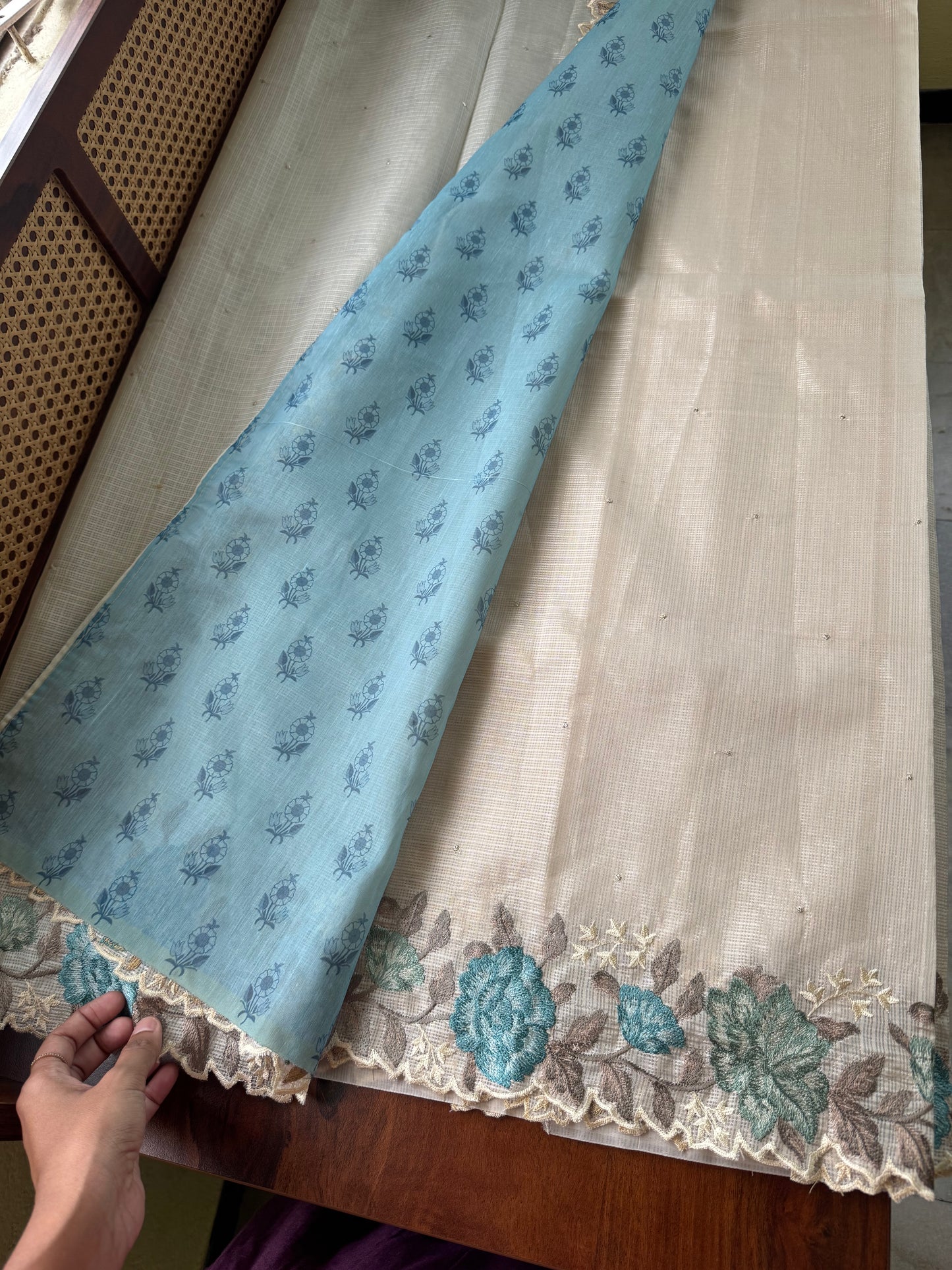 Soft Kota Saree - Halfwhite & Blue