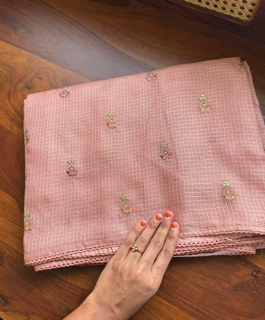 Embroidered Silky Kota Saree - Rustic Peach