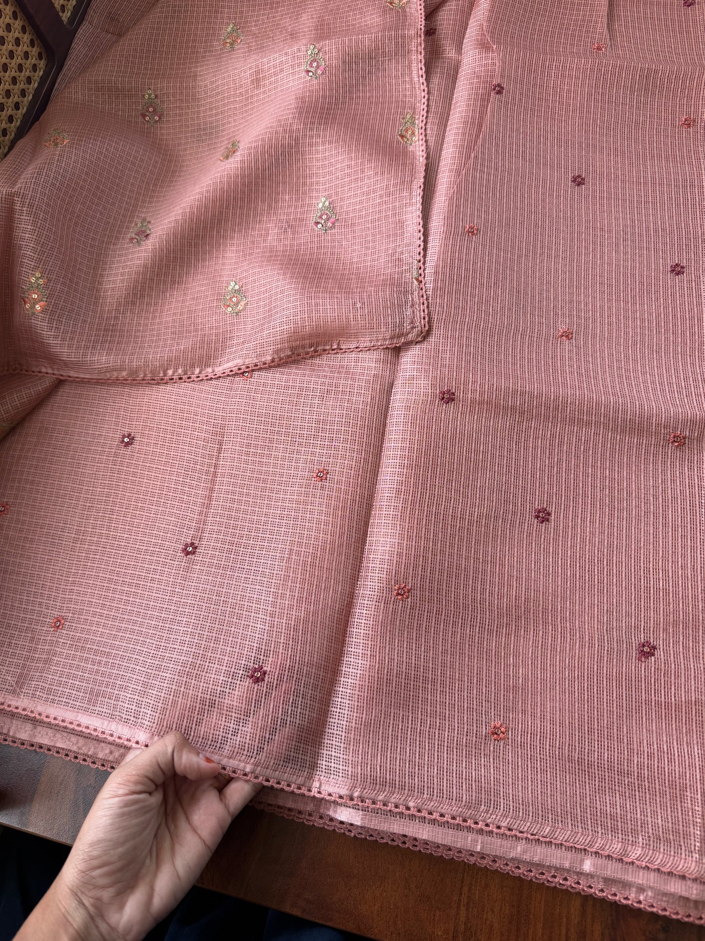 Embroidered Silky Kota Saree - Rustic Peach