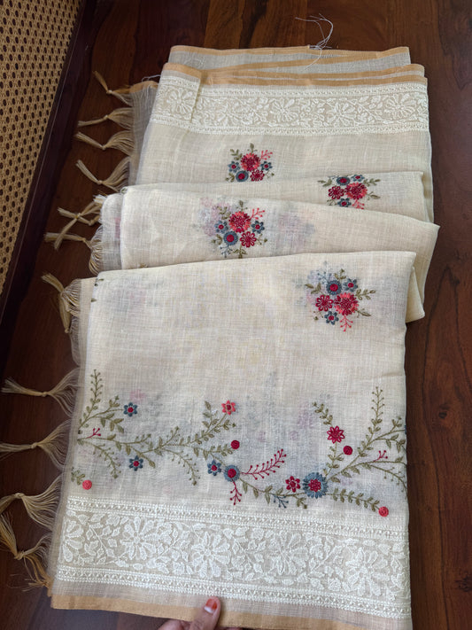 Premium Tissue Linen Sarees -Golden Cream & Cherry Red