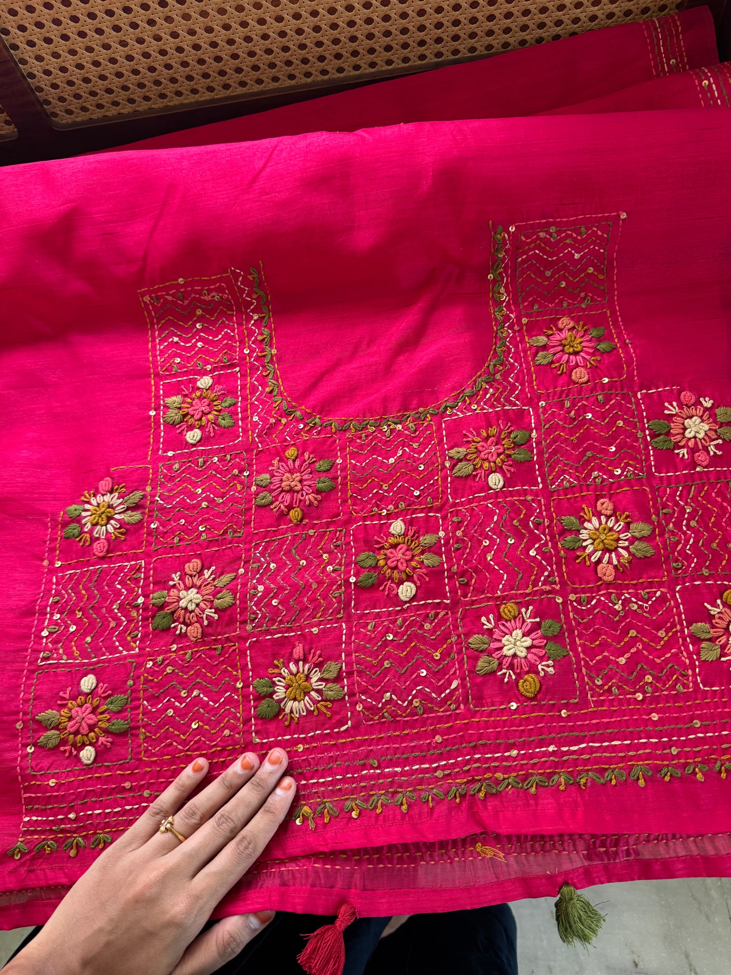 Hand Embroidered Tussar Blend Saree with heavy blouse - Hot Pink