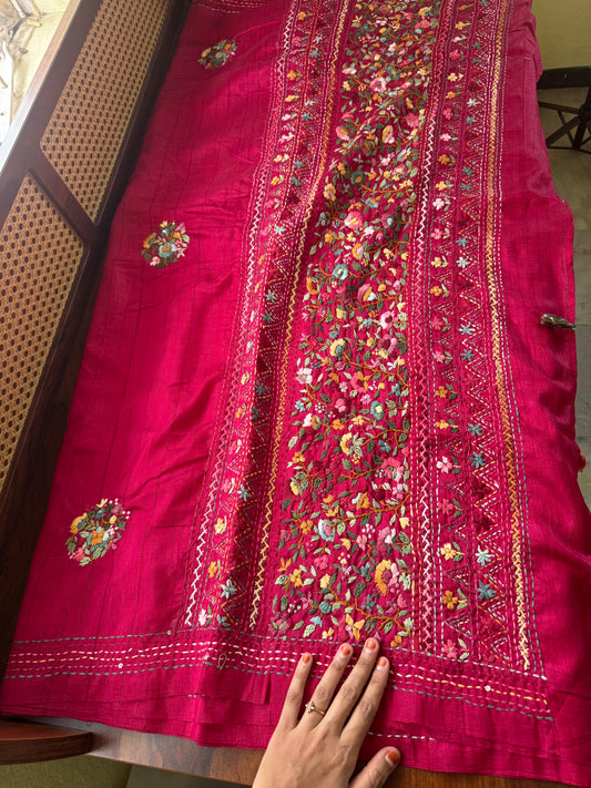Premium Tussar Blend Saree with Handwork - Dark Pink