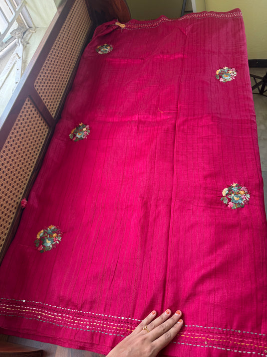 Premium Tussar Blend Saree with Handwork - Dark Pink