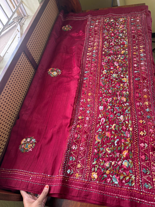 Premium Tussar Blend Saree with Handwork - Maroon