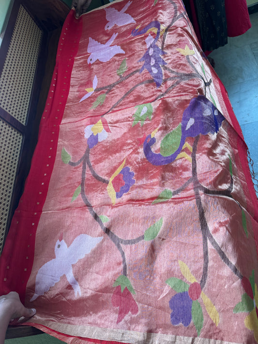 Pure Kora Jamdhani Saree - Red