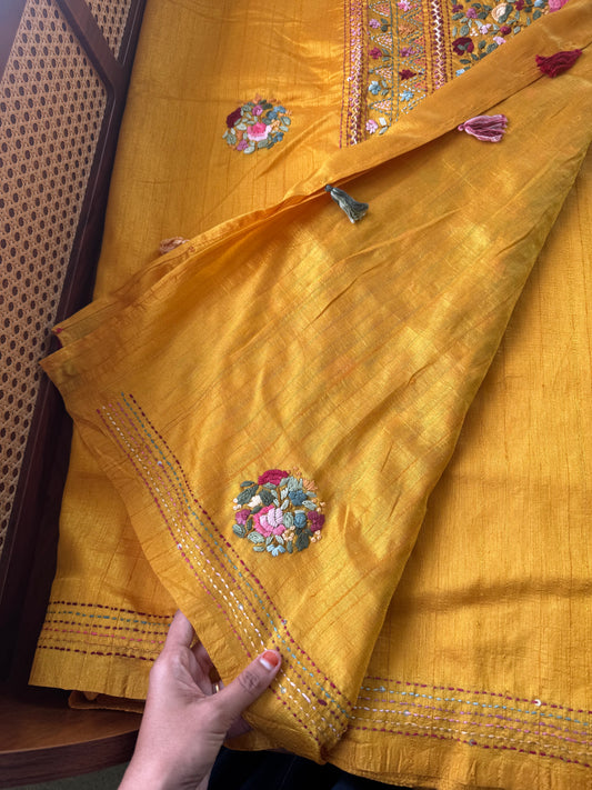 Premium Tussar Blend Saree with Handwork - Yellow