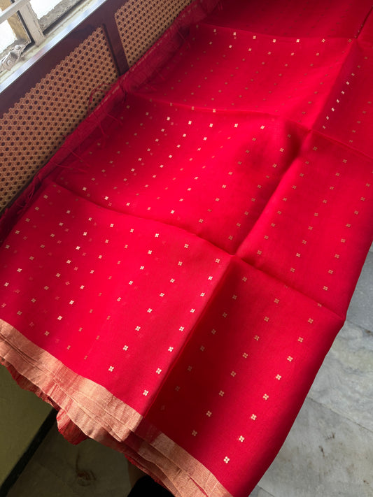 Pure Kora Jamdhani Saree - Red