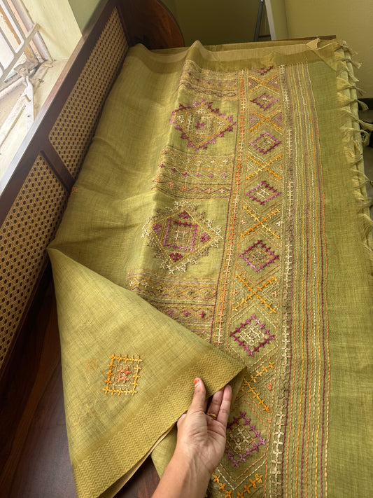 Premium Tissue Linen Sarees with heavy blouse - Green