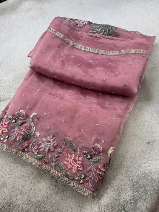 Luxe Tissue Organza Saree - Pink