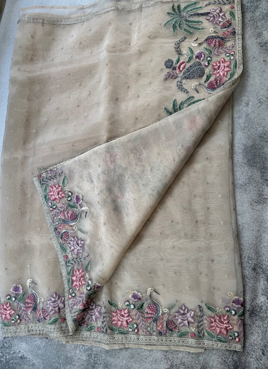 Luxe Tissue Organza Saree - Beige Golden