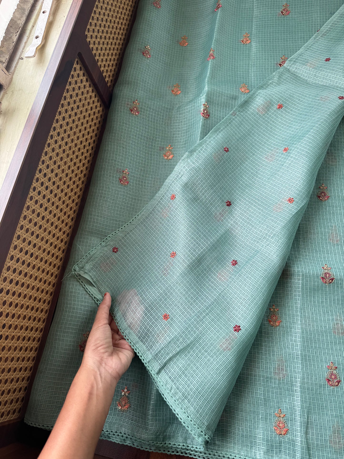 Embroidered Silky Kota Saree - Sea Green