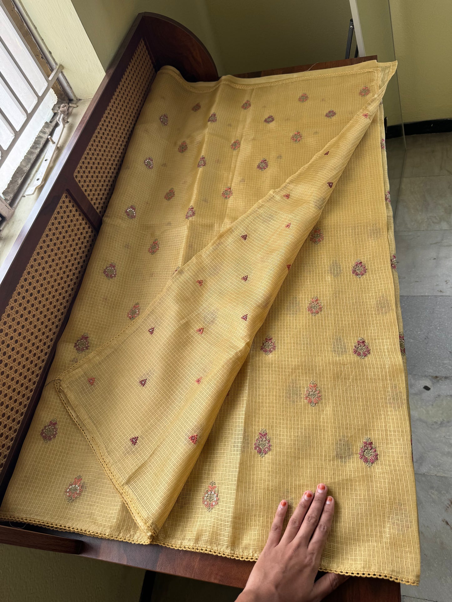 Embroidered Silky Kota Saree - Yellow