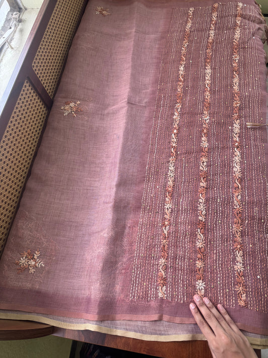 Premium Tissue Linen Saree with heavy blouse - Mauve Pink