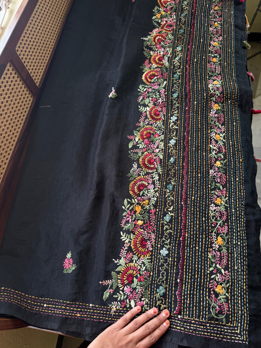 Hand Embroidered Tussar Blend Saree with heavy blouse - Black