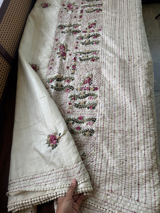 Premium Tussar Blend Saree with Handwork - Halfwhite & Pink