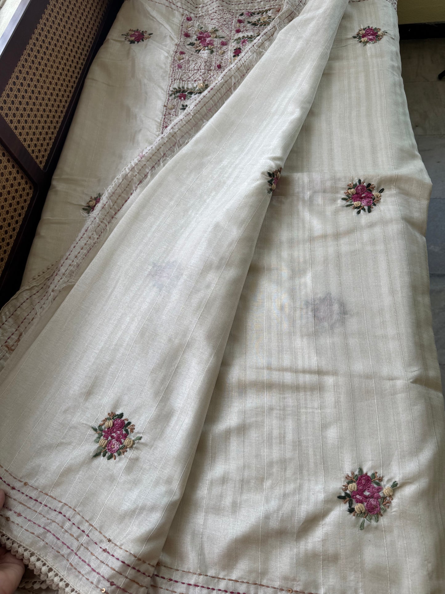 Premium Tussar Blend Saree with Handwork - Halfwhite & Pink