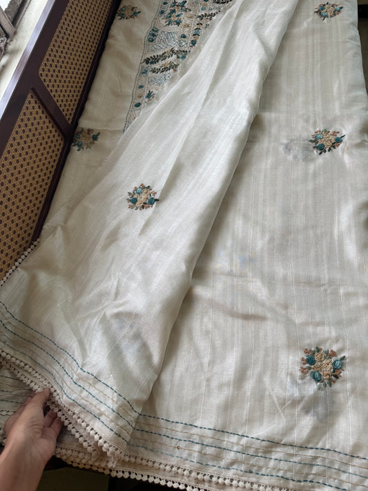 Premium Tussar Blend Saree with Handwork - Halfwhite & Blue