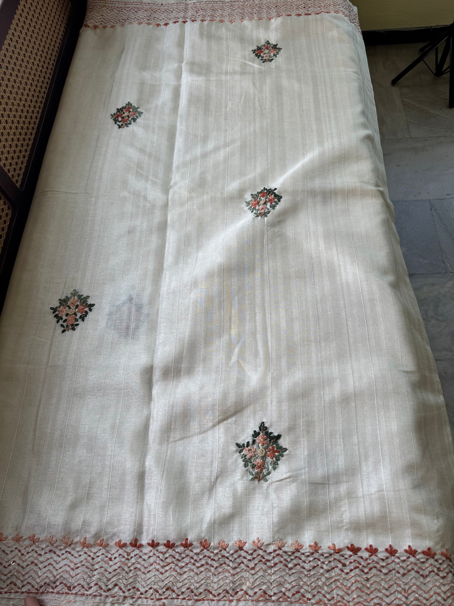Premium Tussar Blend Saree with Handwork - Halfwhite & Orange