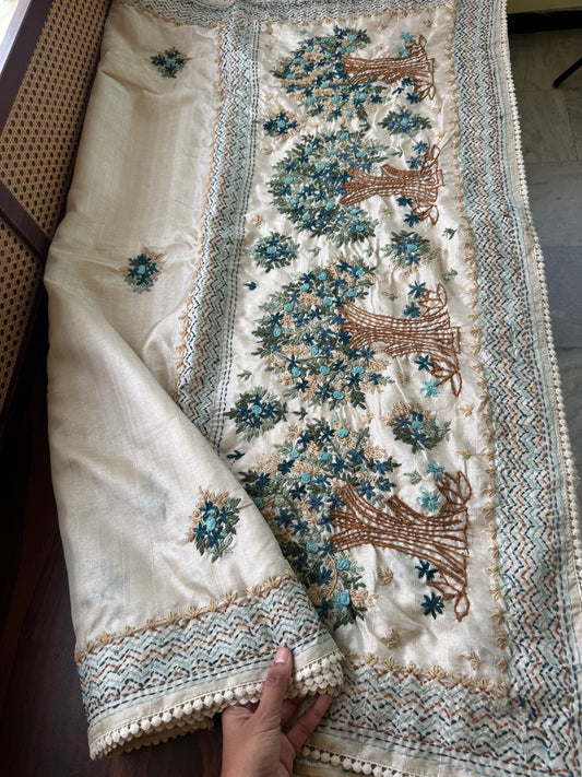 Premium Tussar Blend Saree with Handwork - Halfwhite & Blue