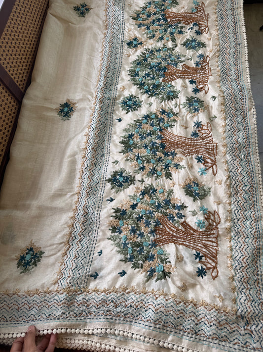 Premium Tussar Blend Saree with Handwork - Halfwhite & Blue