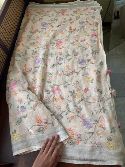 Embroidered Pure Linen Sarees - Pastel Muskmelon