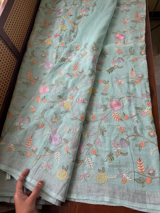 Embroidered Pure Linen Sarees - Sea Green