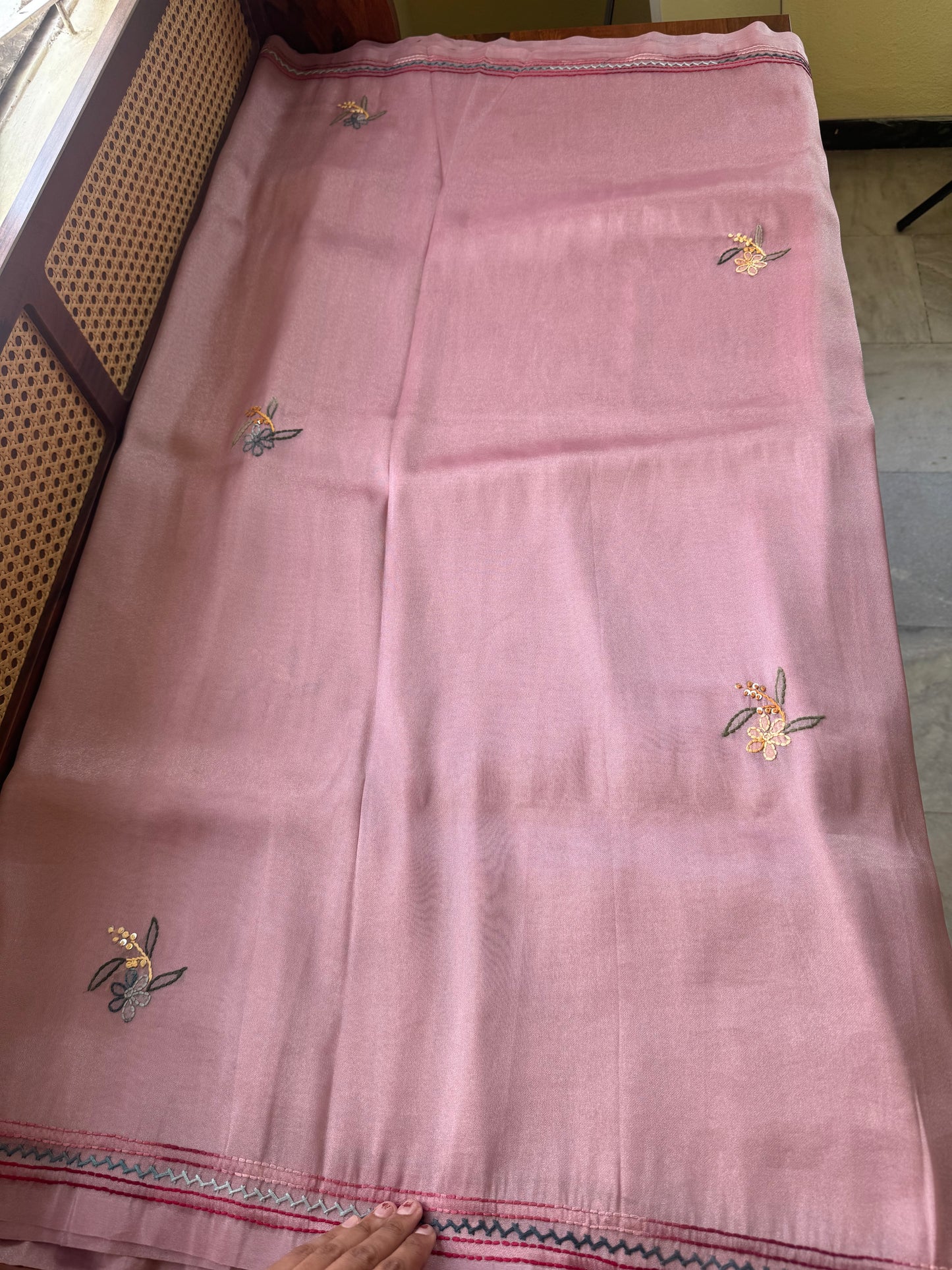 Hand Embroidered Tissue Organza Saree - Pink