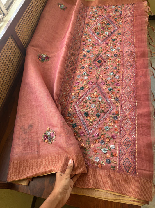 Premium Tissue Linen Sarees with heavy blouse - Pink