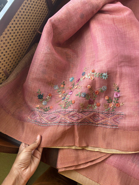 Premium Tissue Linen Sarees with heavy blouse - Pink