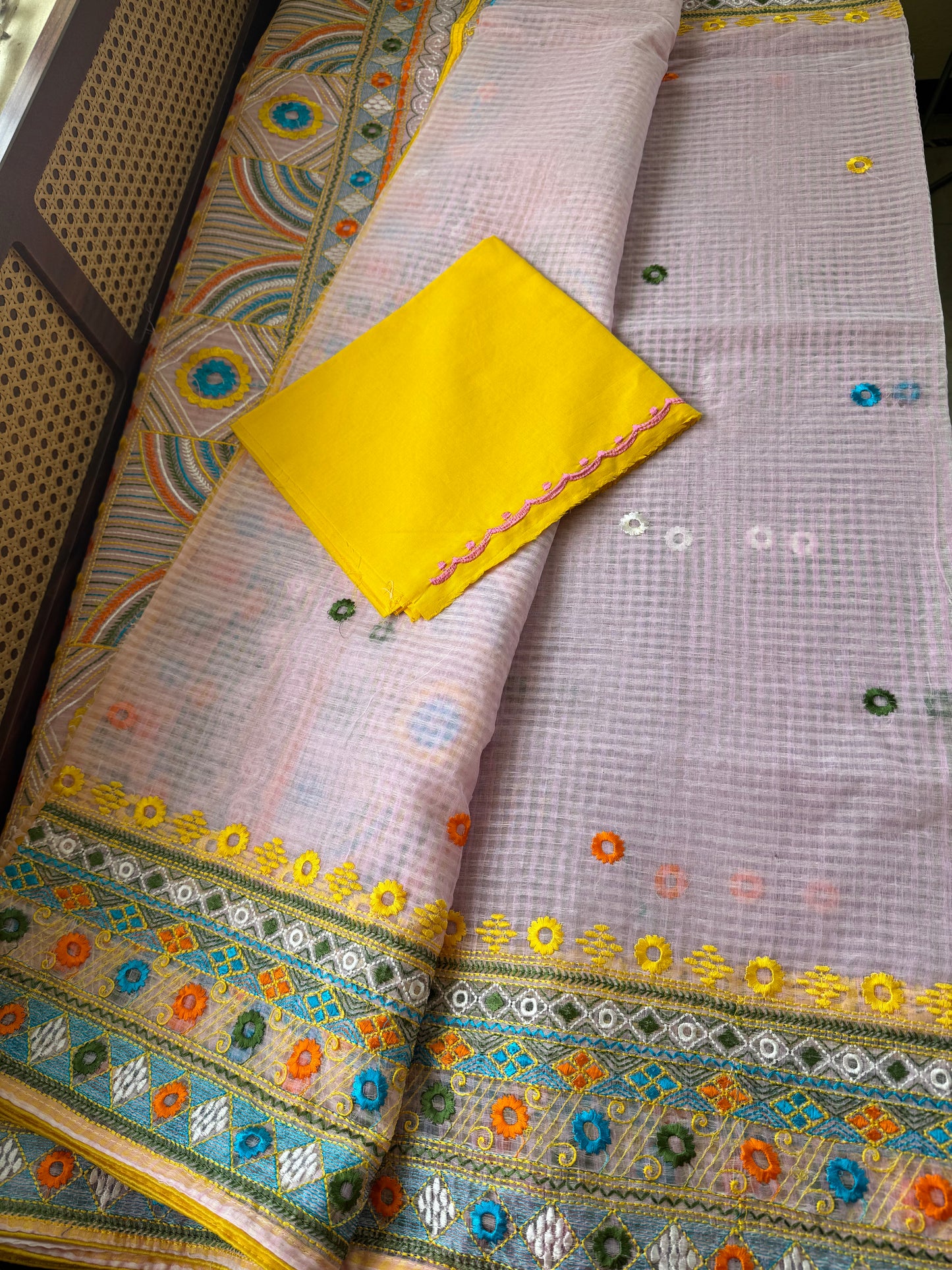 Embroidered Resham Silk Kota Saree - Baby Pink