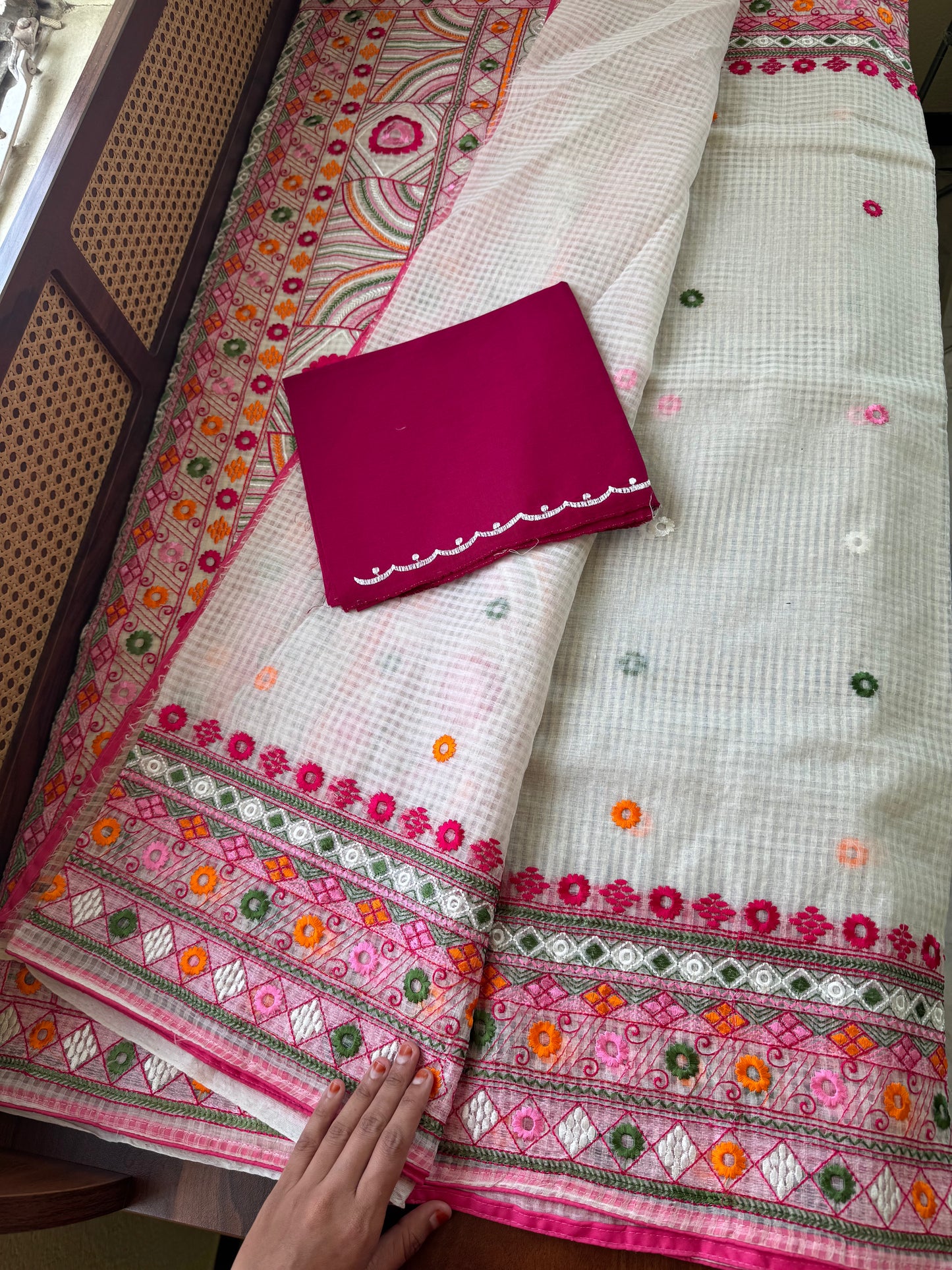 Embroidered Resham Silk Kota Saree - White